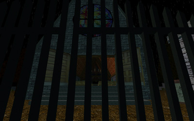 The inside of a church scene from outside a barred gate