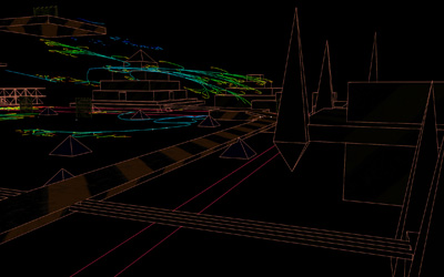 Orange outlined pyramid with neon colored clouds flowing through the map