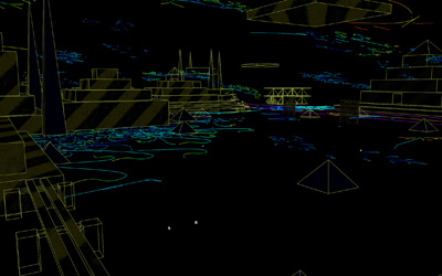 Map structures outlined with neon yellow edges and cyan swirls on the ground