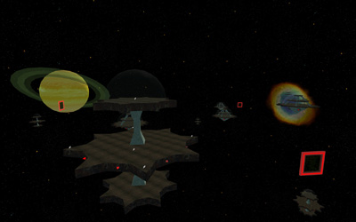 A miniature platform in space with a planet and a nebula in the background