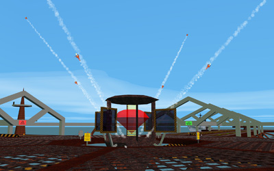 Guided missiles being fired from a red jewel surrounded with teleporters