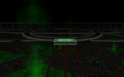 A base for the green team on a pillar above a pit of acid